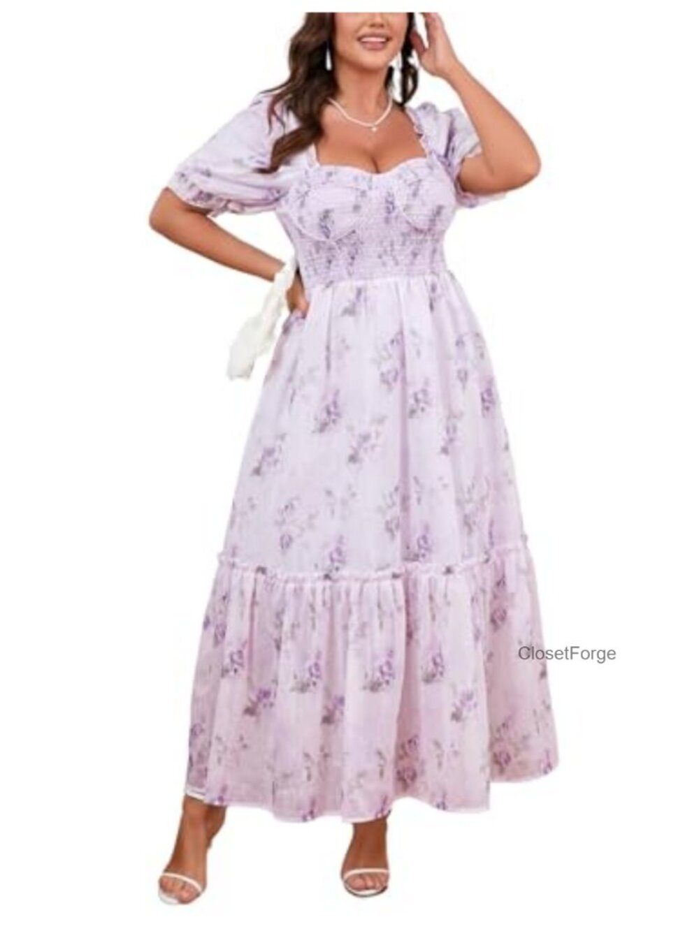 Plus Size Floral Maxi Dress Puff Sleeves Corset Smocked Formal Casual